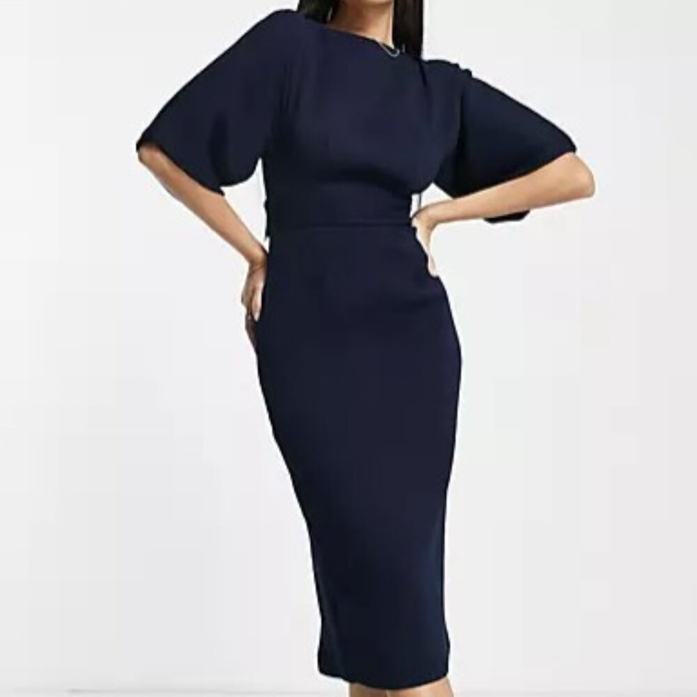 Closet London Women's Navy Textured Ribbed Pencil Midi Tie Waist Dress Size 8